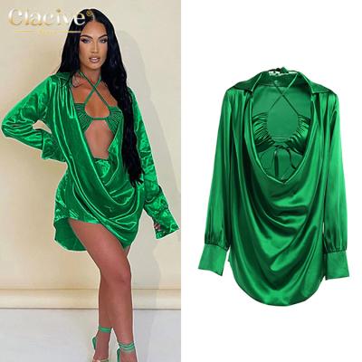 China 2022 New Arrival Clacive Halter Neck Satin Breathable Green Loose Drawstring Blouse Two Piece Set Casual Outfits for sale