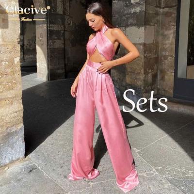 China QUICK DRY Clacive Quickly Supply Women Clothing 9 Colors Halter Bandage Two Piece Tank Top Wide Leg Pants Sets Sexy 2 Piece Pants Sets Women for sale