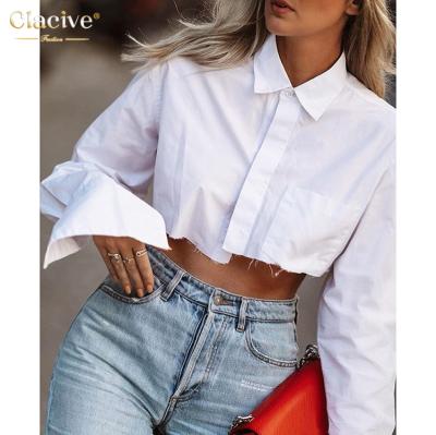 China Clacive Breathable Fast Shipping New Trendy Solid Color Blouse Shirts Crop Tops Down Irregular Collar Designs Woman Blouses for sale