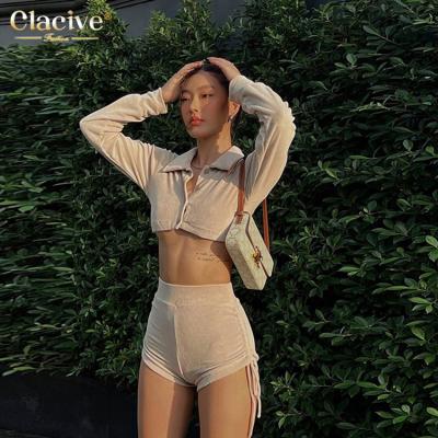 China Hot Selling QUICK DRY Clacive Turn-Down Collar Long Sleeve Sexy Drawstring Khaki Women Pants Two Piece Set for sale