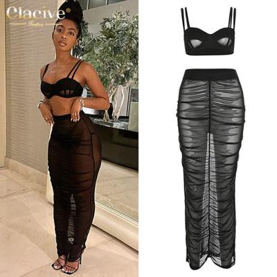 China Clacive Breathable Fast Delivery Mesh Vest Women Hollow Out Sleeveless Black Dress Ruched Sexy Spring Two Piece Set 2022 for sale