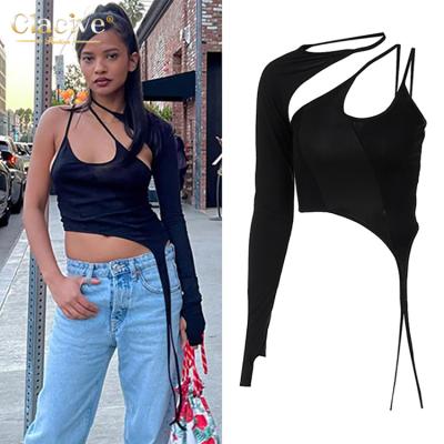 China Clacive High Quality Fashion Women's Long Sleeve One Shoulder Breathable Crop Tops Solid Casual Skinny Sexy T-Shirt For Women for sale