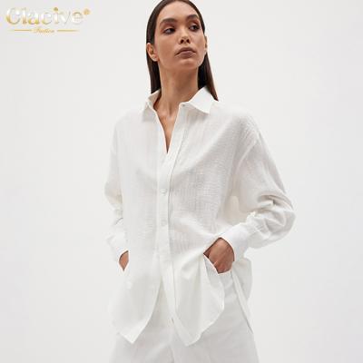 China 2021 Newest Design Clacive Office Lady Sexy Women Shirt Turn-Down Collar Long Sleeve Breathable Loose Women Blouse for sale