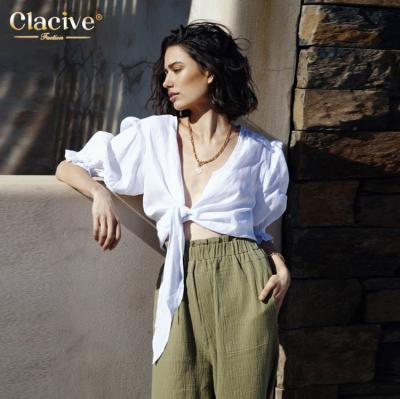 China Clacive Breathable Fashion Puff Sleeve Cotton White Woman Tops Lace Fashionable Sexy Loose Ladies Blouses for sale