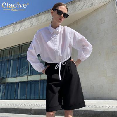 China Factory Direct Sales Clacive Solid Women Turn-Down Breathable Collar Long Sleeve Crop Top Drawstring Ladies Casual Blouse for sale