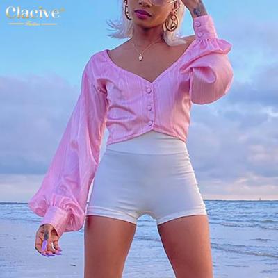 China Clacive Autumn New Selling Fashion Design Breathable Women's Cute Latern Sleeve Tops Casual Solid Color Blouses Women for sale