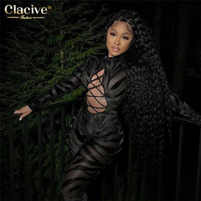 China New Arrival Clacive Breathable Sexy Black Long Sleeve O-Neck Hollow Out Spring 2022 Skinny Women's Jumpsuit Clothing for sale