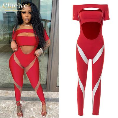 China Clacive Waterproof Clothing Manufacturers Cut Neck Cavity Red Skinny Short Sleeve Casual Sexy Overalls For Women for sale