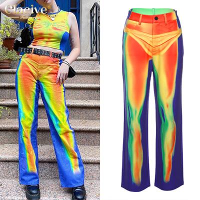 China Clacive Factory Sales Viable Printing Casual Clothing Blue Straight-Leg Pants Fashion High Waist Casual Women's Pants and Trousers for sale