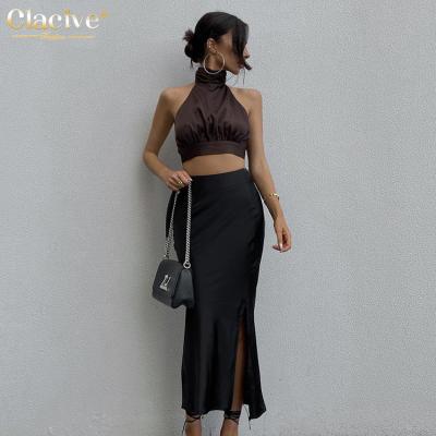 China Clacive Sustainable Apparel Manufacturers Fashion Skinny Black Women Slit Skirts Office Lady Casual Women Midi Skirts for sale