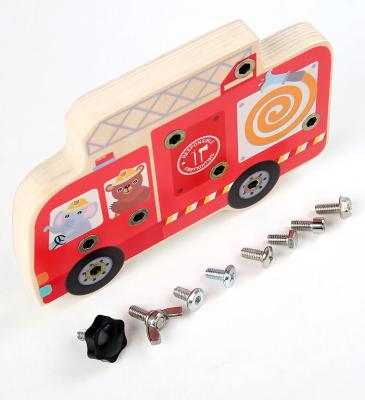 China Preschool Wooden Car Busy Board Gear Unlocking Project Fire Truck Kindergarten Puzzle Toy for sale