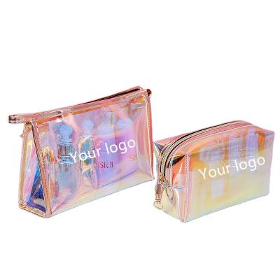 China Fashion Wholesale Custom Hand PVC Plastic Clear Zipper Shopping Makeup Bag PVC Hologram Cosmetic Bag for sale