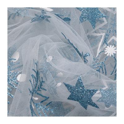 China Breathable Beauty Blue White Snowflake Star Soft Tulle 3D Flock Organza Print for DIY Decorations for sale