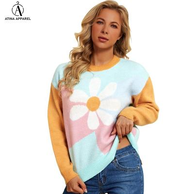 China 2021 Round Collar Breathable Sweet Daisy Floral Print Bat Wing Sheath Pullover Women Sweater for sale