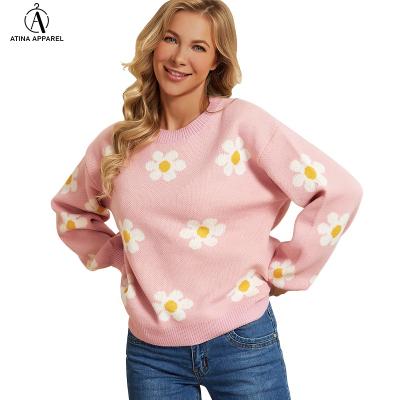 China Floral Print Breathable Soft Daisy Collar Bat Wing Sleeve Round Neck Sweater 2021 Women Sweater for sale