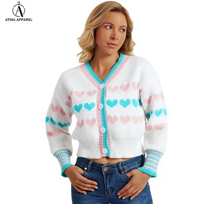 China 2021 Winter Breathable Print Long Sleeve Soft V-neck Daisy Cardigan Women Sweater New Heart Sweater for sale