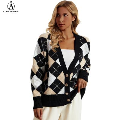 China 2021 Hot Sale Women's Breathable Plaid Knitted Color Blocking Deep V-neck Women's Sweater Cardigan for sale