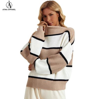 China 2021 New Arrivals Women's Casual Hood Neck Sweaters Breathable Winter Bat Wing Sleeves Knit Striped Pullover Sweater for sale