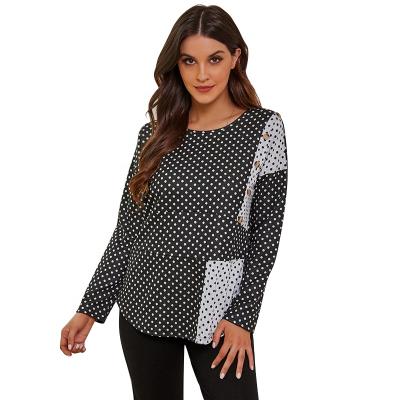 China 2021 Anti-wrinkle women casual scoop neck polka dot patchwork tunic tops with button details for sale