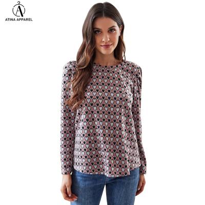 China 2021 Hot Selling Anti-wrinkle Women's Loose Round Neck Bubble Sleeve Heart Print Tunic Tops Loose Cute for sale