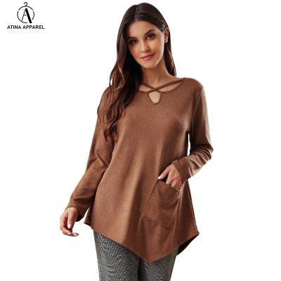 China 2021 Wholesale Anti-Wrinkle Woman Solid Criss-Cross Neck Asymmetric Swing Tunic Top With Front Pocket for sale