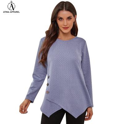 China 2021 New Design Anti-wrinkle Women Clothing Elegant Round Neck Asymmetrical Tunic Top With Front Buttons for sale