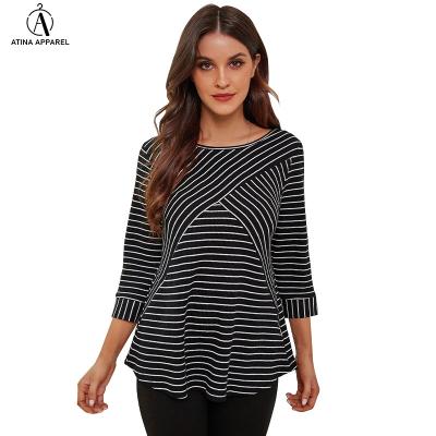 China Wholesale 2021 Elegant Scoop Neck Patchwork Anti-wrinkle Woman Striped Top With Lace Sleeve for sale