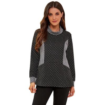 China 2021 Anti-Wrinkle Woman Casual Turtle Cowl Neck Polka Dot Patchwork Tunic Tops With Pockets for sale