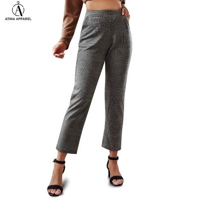 China 2021 Wholesale Anti-Wrinkle Stylish Pants Elastic Mid Waist Rise Tailored Casual Plaid Pants With Pockets for sale