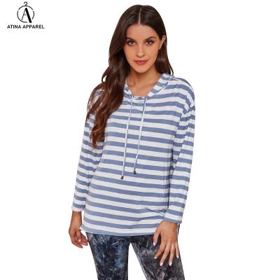 China Breathable 2021 Anti-wrinkle off shoulder loungewear bamboo oversized drawstring hoodie striped top tunic for sale