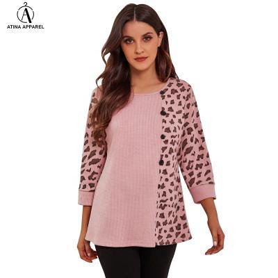 China 2021 Latest Anti-Wrinkle Designs Women's Latest Women's Waffle 3/4 Sleeve Crewneck Patchwork Leopard Top With Front Buttons for sale