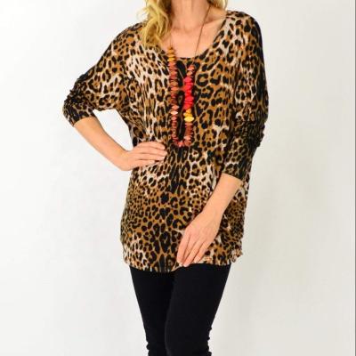 China 2021 Casual Women's Wide Neck Leopard Blend Tunic Hollow Out Top Viable For Woman for sale