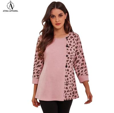 China 100% super high quality Anti-wrinkle leopard soft top woman elegant waffle patchwork crew neck for sale