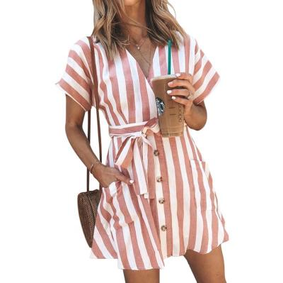 China 2022 OEM Anti-Static Short Sleeve Striped Summer Elegant Women's Midi Dress Shirt Office Ladies Girls Casual Wear Women's La for sale