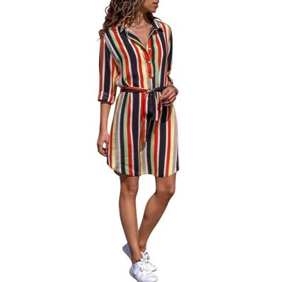 China Anti-Static Bun Label Sleeves Shirt Striped Mini Dress With Belt Dresses Women Summer Clothing Lady Elegant Casual Outfits 2021 for sale