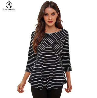 China Wholesale Latest Design Anti-wrinkle Elegant Patchwork Scoop Neck Top Casual Striped Top With Lace Sleeve for sale