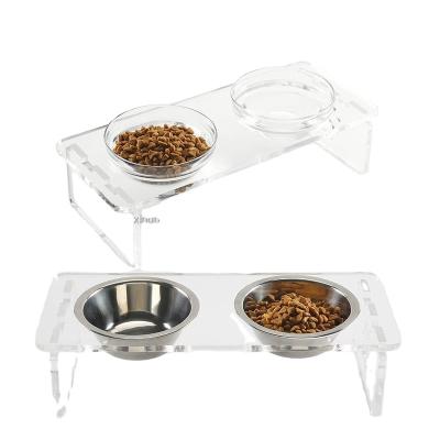 China Viable Custom Design Cat Double Bowls Stand Food Dog Water Feeder Holder Pet Supplies Acrylic Pet Feeder Holder for sale