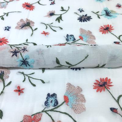 China 2021 Fashions Brand Style Chiffon Multi Color Viable Ground Yarn High Quality Flat Tulle Flower Embroidery Lace Fabric for sale