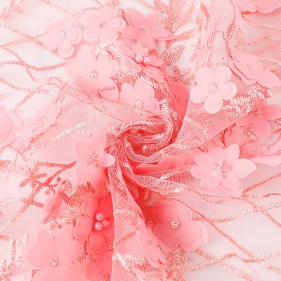 China Viable Export Control Model Normal Quality Beads And Net Wholesale 3D Flowers Tulle Embroidery Lace Fabric for sale