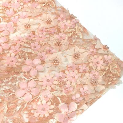 China Other Wedding Dress Tulle Net Lace Materials Transparent Floral 3D Pearl Beads Embroidery Fabric for sale