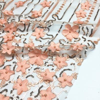 China Luxury Sequin Embroidery Laser-Cut Polyester Mesh Viable 3D Flower French Handmade Beads Lace Fabric For Dress Gowns for sale