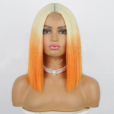 China Girls Drop Shipping 2022 Orange Gradient Wig Short Straight Hair Bob In The Middle Split Lace Up Head Costume Dress Up Wigs Orange Wigs for sale