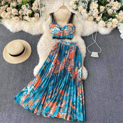 China Anti-Static Drop Shipping Drop Shipping 2022 Summer Bohemian Style High Waist Pleated Two Piece Set Long Maxi Elegant Women Casual Dress for sale