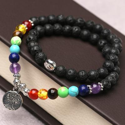 China High Quality Multicolor Lava Stone Tree Of Life Chunks Volcanic Rock Bracelets Beaded Charm Bracelet for sale