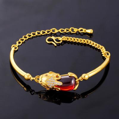 China New Style Women Brass High Quality Gold Plated Bridal Bracelet Ruby Pixiu Natural Accessories Adjustable Bracelet for sale