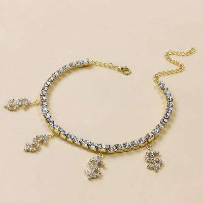 China Rhinestone Romantic Tennis Bling Foot Jewelry Novelty Chain Dollar Sign Crystal Anklet Pendant For Women for sale