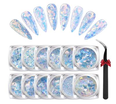 China Widely Shape Varieties Holographic Nail Sequins 12 Colors Iridescent Mermaid Nail Glitter 3D Laser Sequins Sparkles for Gel Nail Art Decoration for sale