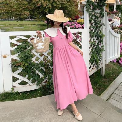 China Viable large size women's Korean version doll neck pink sweet dress for pregnant women mid length casual soft skirt for sale