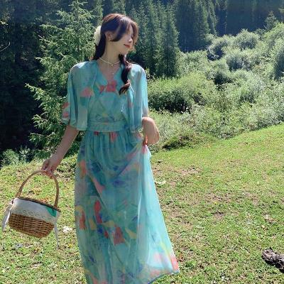 China French romantic chubby soft Korean version millimeter mid length dress loose suitable length s viable large size women oil painting decor V-neckline dress for sale