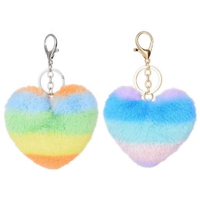 China Promotional Multicolor Fluffy Plush Pompom Key Chain Love Rainbow Fur Ball Women Girls Promotional Gift Heart Shape Pom Pom Key Chain for sale